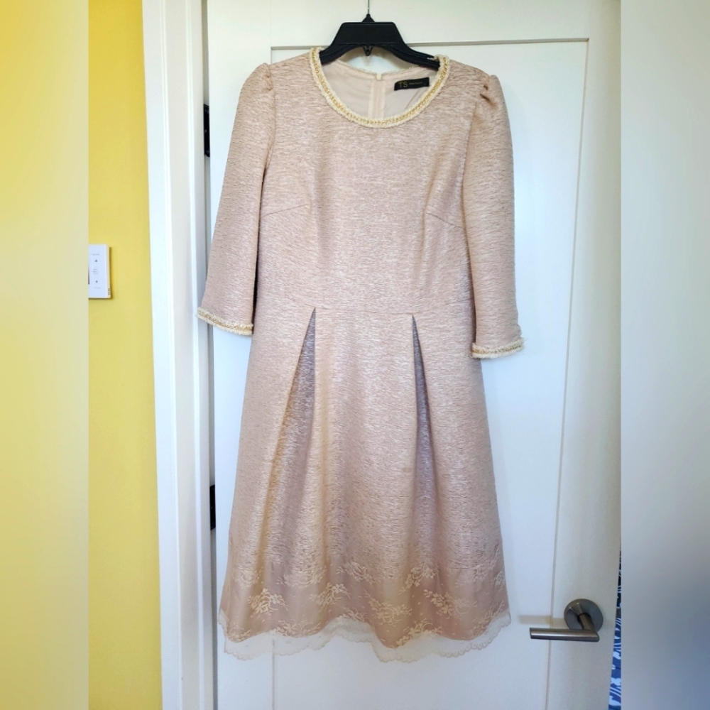 TS Three Seasons Pale Blush Pink Dress w/ Pretty Details @ Neck, Sleeves, & Hem
